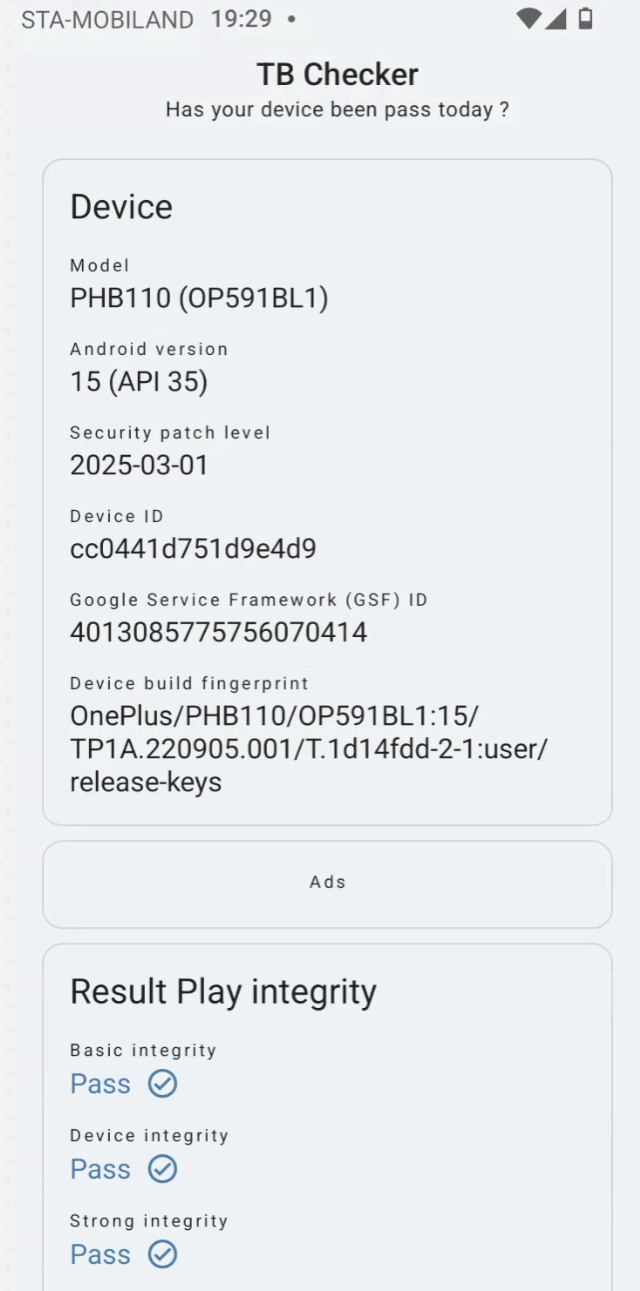 TB Checker: real-device fingerprint, Play integrity all pass